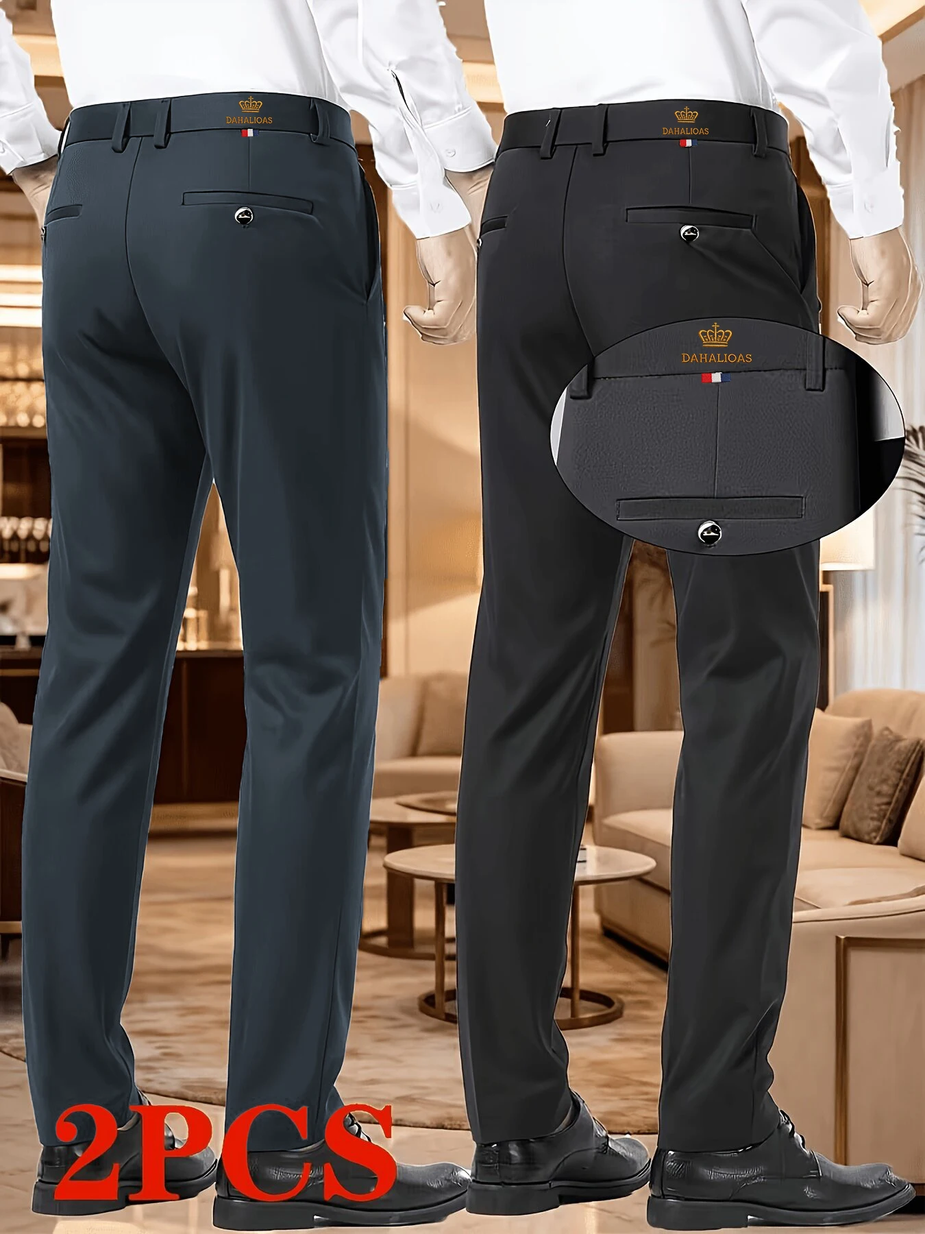 Men's 2-Piece Business Casual Embroidered Straight Pants Autumn Soft Formal Trousers for Office Commute Daily Wear