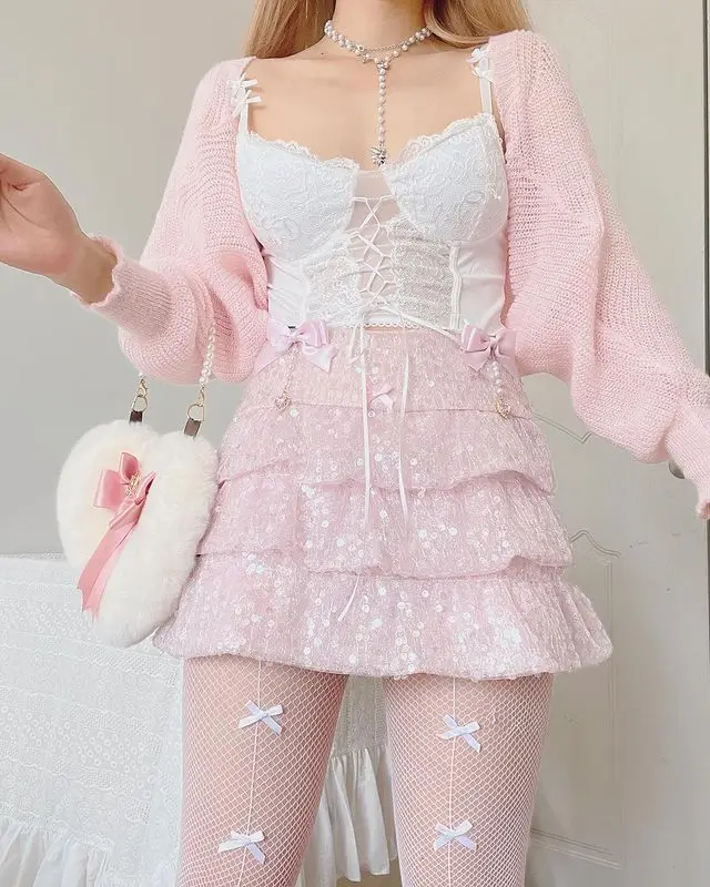 Y2K Style Pink Sequin Short Skirt Women Summer A-Line Ballet Kawaii Babes Sexy Hot Low Waist Cake Fairy Mini Skirt