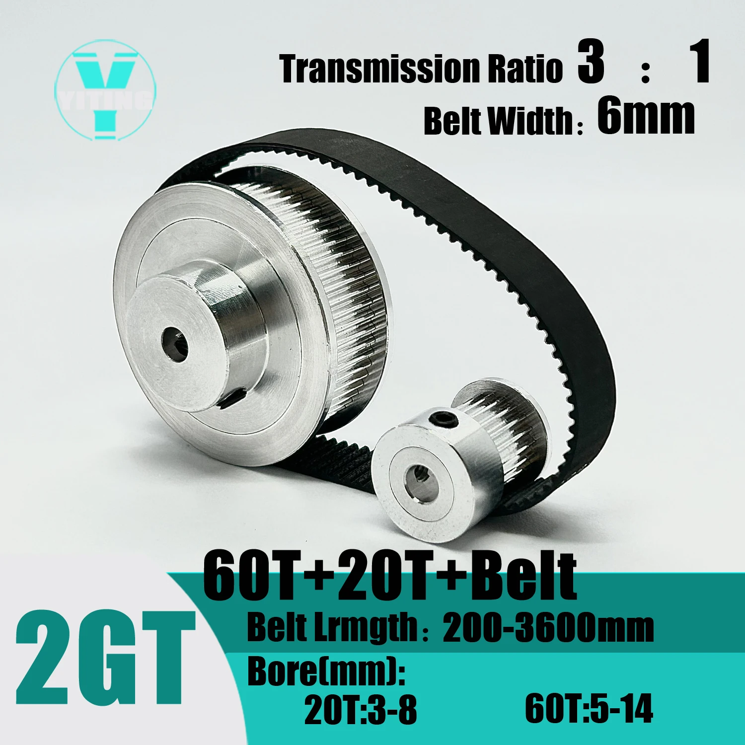 2GT 2M 60Teeth 20T  GT2 20Teeth 60T Timing Belt Pulley Set Belt Width 6mm Bore 3~14mm  3:1 Wheel Synchronous Pulley Belt Kit