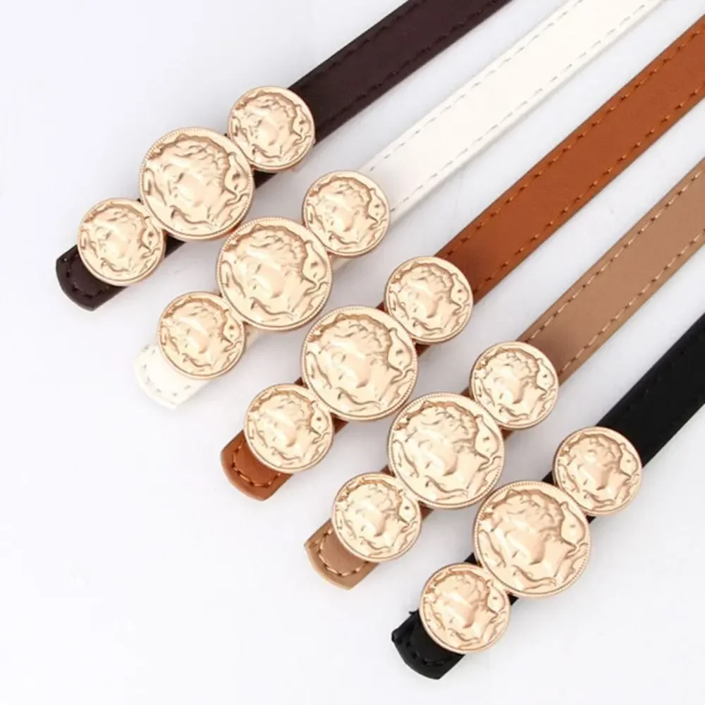 

PU Leather Metal Buckle Belts Retro Korean Style Thin Women Waistbands Solid Color Round Metal Buckle Korean Waist Belts Female