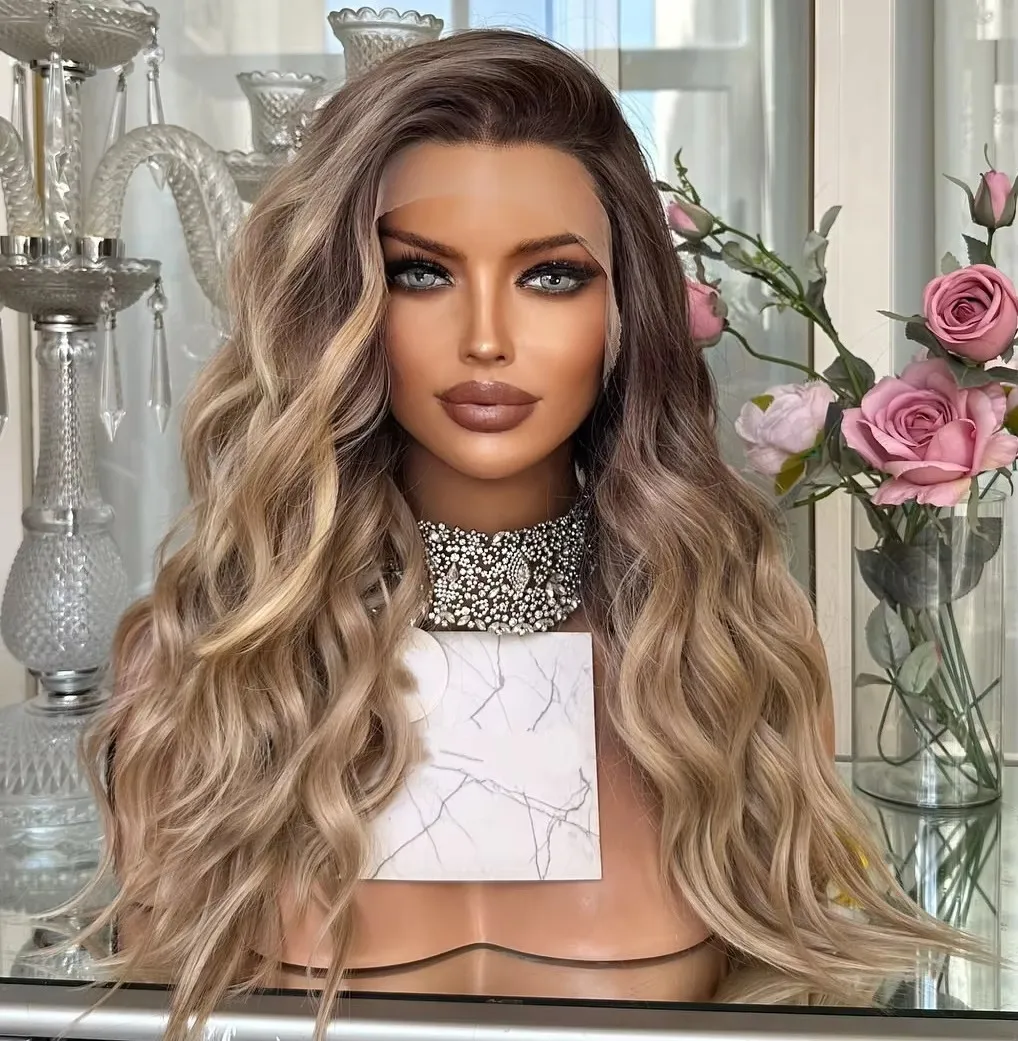 Preplucked Hairline Ombre Blonde Brown Highlights Balayage Luxury Synthetic Lace Front Wig Natural Body Wave Wig 150% Density