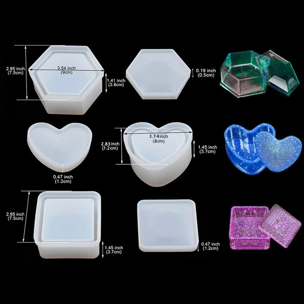 Heart Shape Jewelry Box Clay Resin Mold DIY Crafts Square Hexagon Storage Box Epoxy Casting Silicone Molds with Lid قوالب سيلكون