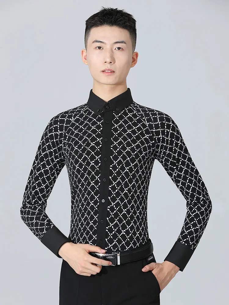 2025 قميص الرقص الحديث أداء جديد أسود طويل الأكمام الرجال قميص وسيم الفالس الأعلى