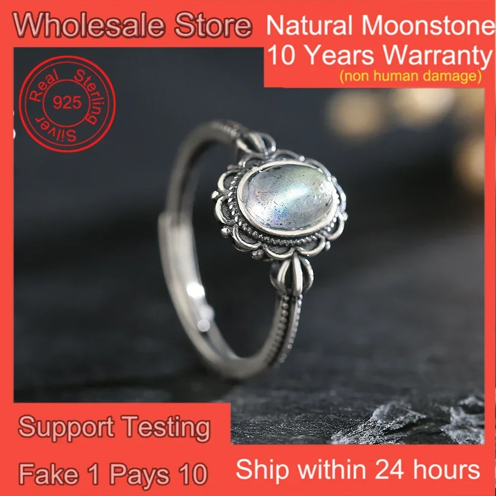 

Vintage Women's Ring Adjustable S925 Sterling Silver Open Bands Natural Moonstone Floral Handmade Boho Jewelry Birthstone Gift