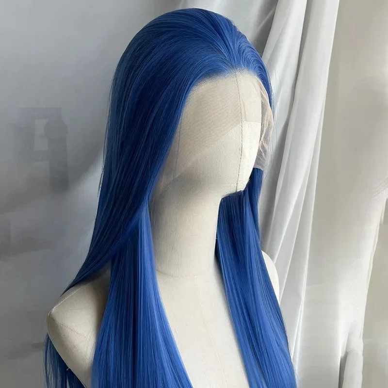 Peluca con malla frontal azul real, pelo largo liso 13*4, fibras resistentes al calor, peluca sintética de alta calidad, pelucas Jinx para Cosplay