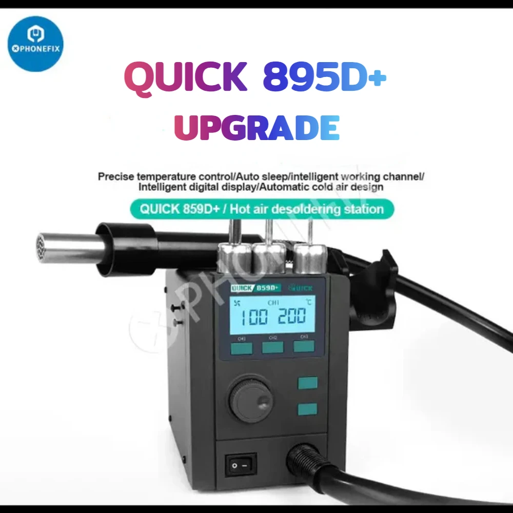 

Quick 859D+ 580W Intelligent Lead-free Soldering Station with Hot Air Gun for Phone Mainboard BGA Desoldering Rework Repair Tool