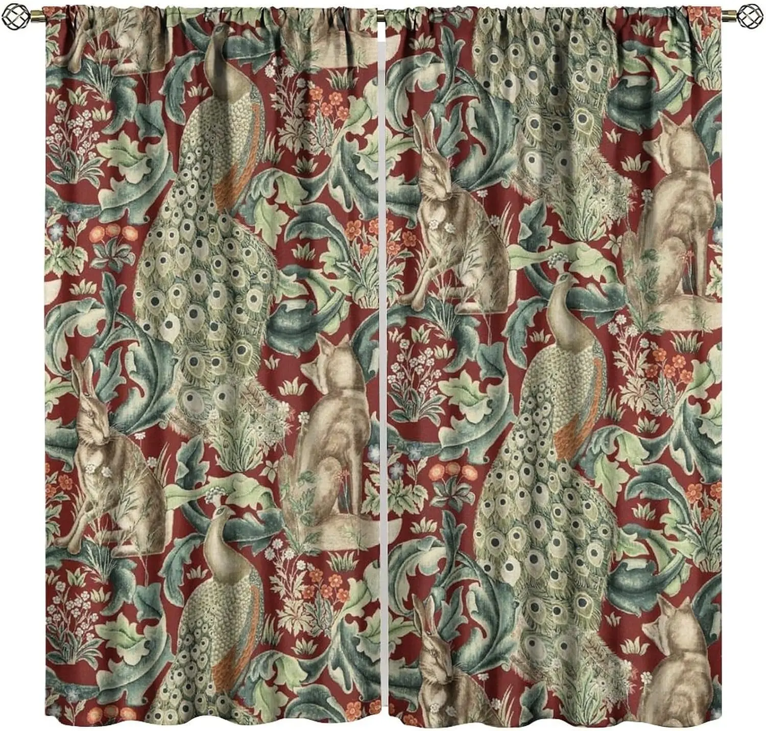 Vintage William Morris Wildlife Blackout Window Curtains, Rustic Boho Animal Plant Window Drapes, for Living Room Bedroom 21(W)*