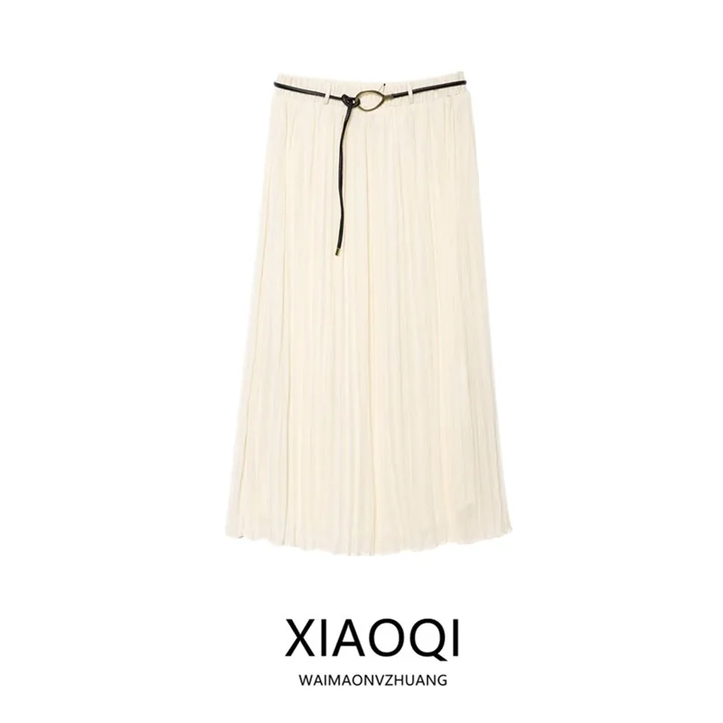 Summer 2025 New Arrival Women's Midi Skirt with Belt Drapey Casual Elegance Half-length Skirts Fashion Versatile Mid-waist Lo...