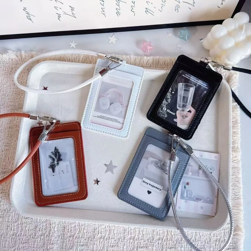 Minimalist PU Leather Card Holder Dual-Slot With Hand Wrist Strap ID Card Cover Bus Meal Card Holder Access Control Card