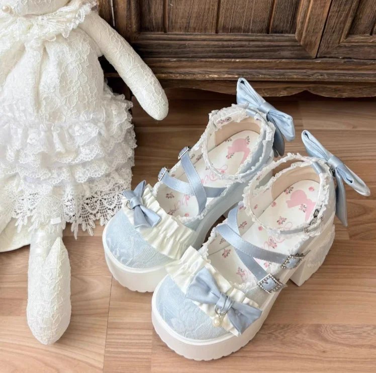 لوليتا لطيف الحلو صندل بكعب مكتنز أحذية النساء الدانتيل جولة تو أنيقة ماري جين أحذية الفتيات لوليتا تنوعا أحذية عالية الكعب