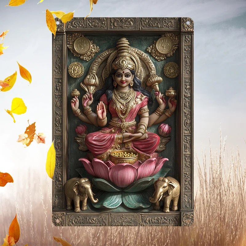 

Retro Style Lakshmi Goddess Metal Wall Art, Pink Lotus with Golden Pot, Enchanting Bedroom Decor, Meditation Spaces