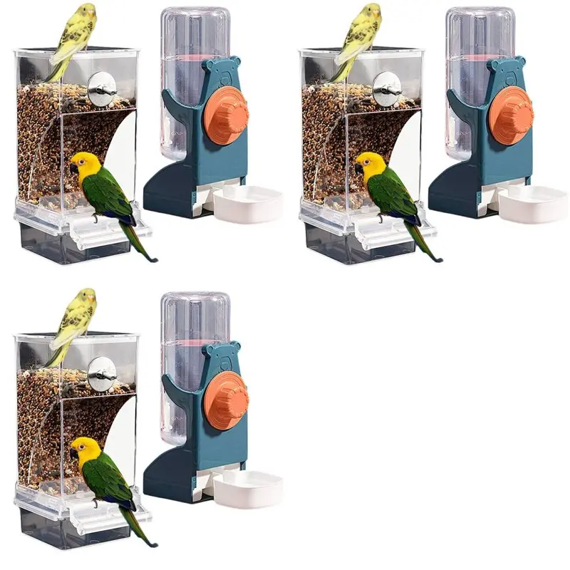 

B14C 3X No Mess Bird Feeder Water Dispenser Set, Automatic Parrot Feeder Cage Accessories, Parakeet Container Food Drinker