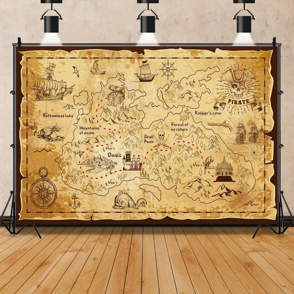 Pirate Backdrops For Photo Old Treasure World Map Birthday Party Baby Portrait Photographic Background Photocall Photo Studio