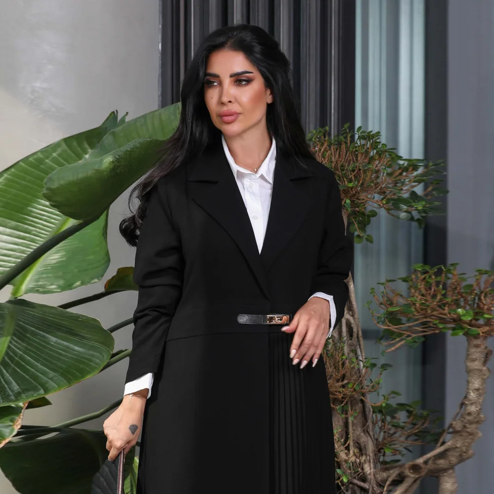 Abaya Cardigan Long Robe Pleated Jacket Muslim Arabic Fashion Leather Button