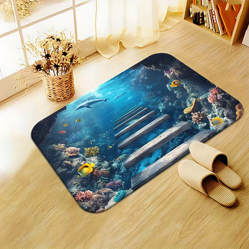 VIKAMA 3D Underwater World Bath Mat Dolphin Tropical Fish Coral Wooden Stair Print Non‑slip Washable Bathroom Floor Mat