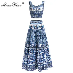 MoaaYina Designer Summer Skirts Suit Women Short Camis Corset Top＋Blue and White Porcelain Print Vacation Skirts 2 Pieces Set