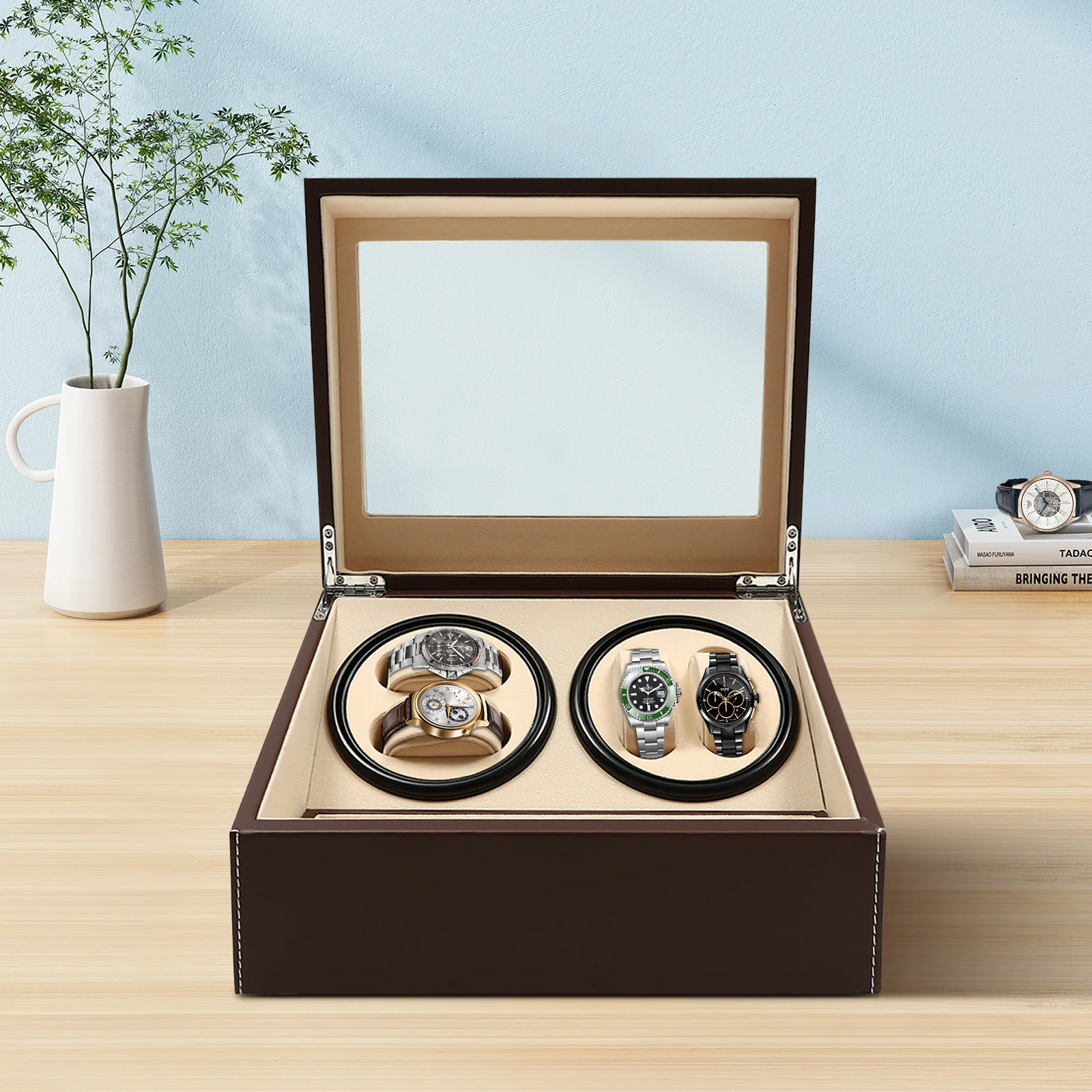 

Automatic Watch Winder Box, Rotating 4+6 Automatic Rotation Leather Watch Winder Storage Case Box, W/ Transparent Top Lid