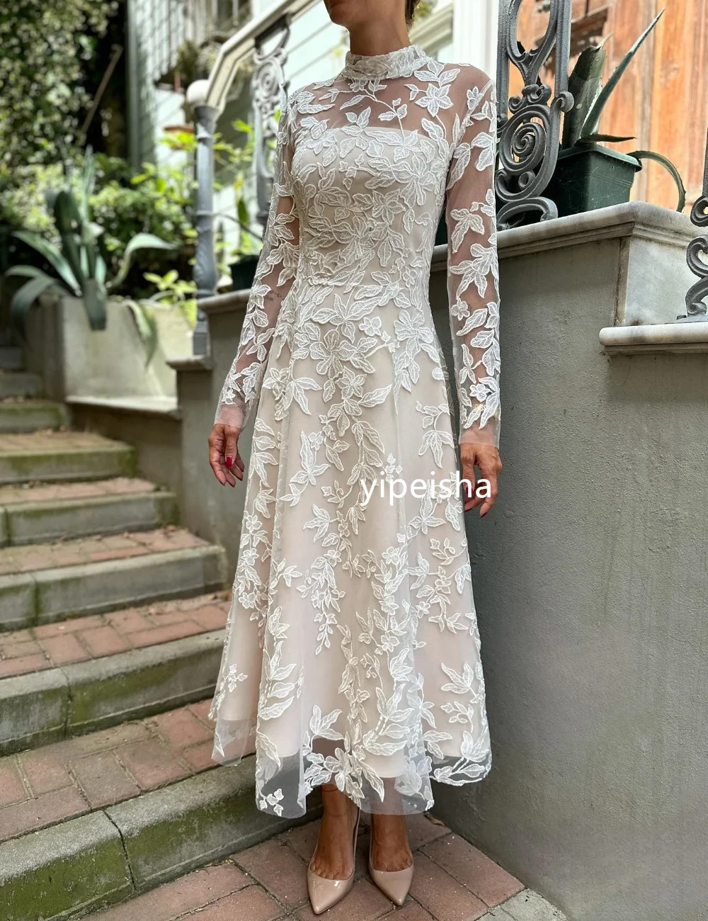 Customized Intricate Net Pleat A-line High Collar Midi Dresses  Prom Dresses Classic Exquisite Modern Style Pastrol Unisex Chine