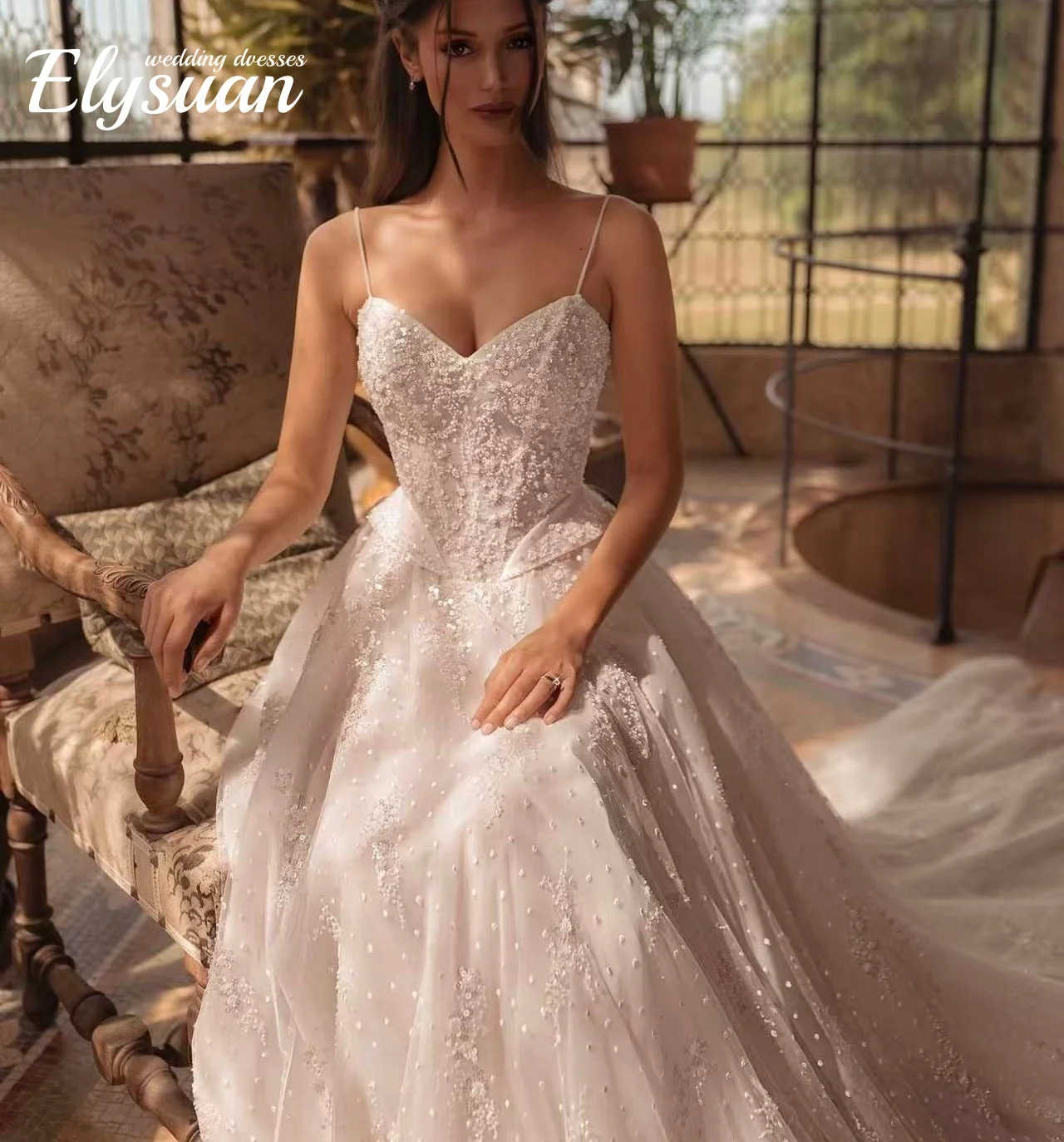 Customized Noble Pearls Dazzling A Line Wedding Dresses With Corset Romantic Bridal Gown   Delicate Floor-length Wear
