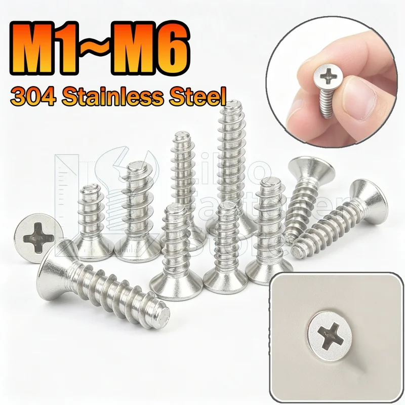 M1 M1.2 M1.4 M1.7 M2 M2.2 M2.6 M3 M3.5 M4 M5 M6 304 Stainless Steel KB Cross Recessed Countersunk Head Self-tapping Screws