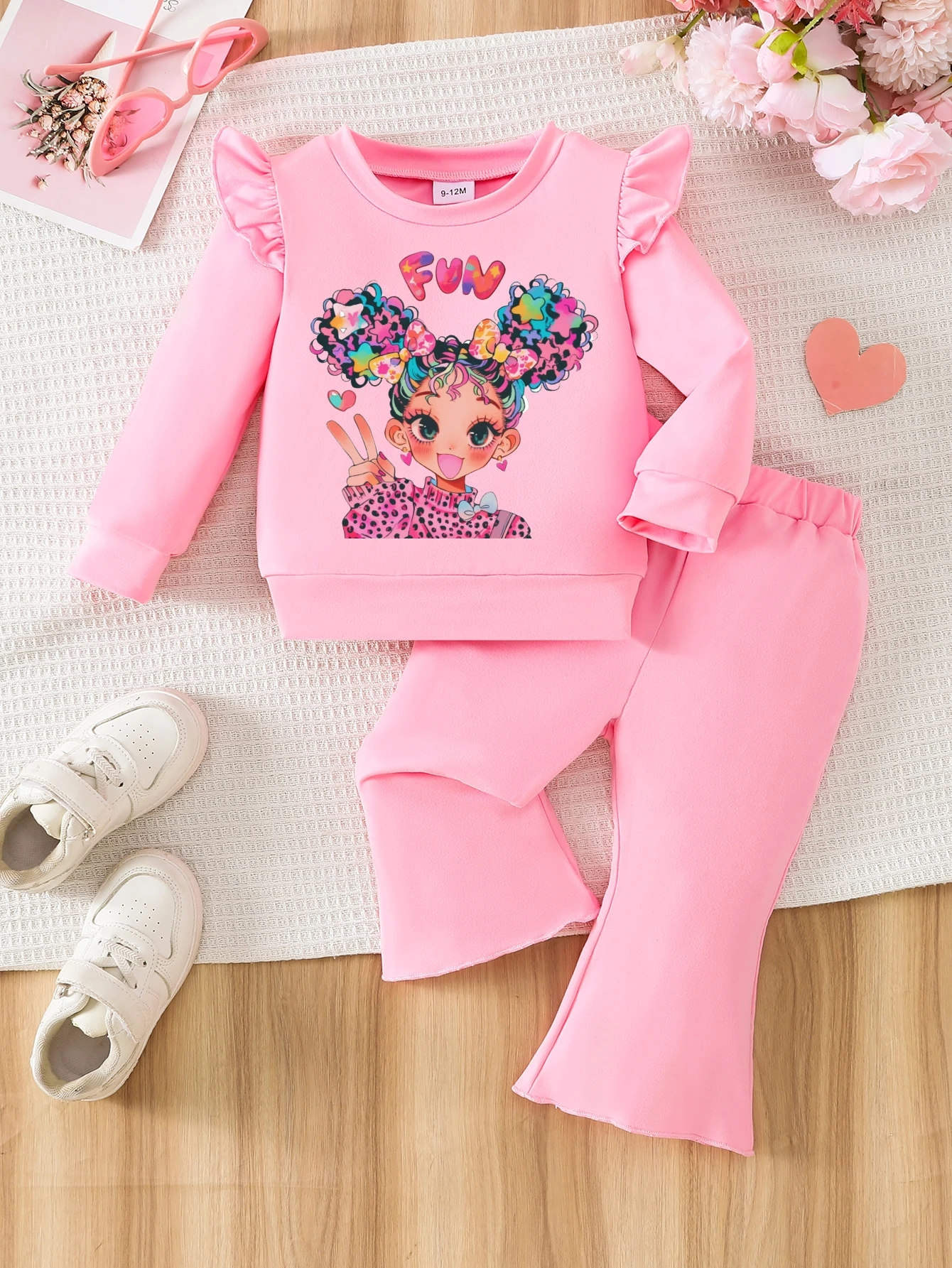 Baby Girl 6M-3Y Outfit Cute Cartoon Girl Print Ruffle Sweatshirt & Flare Pants 2Pcs Pink Clothes Set