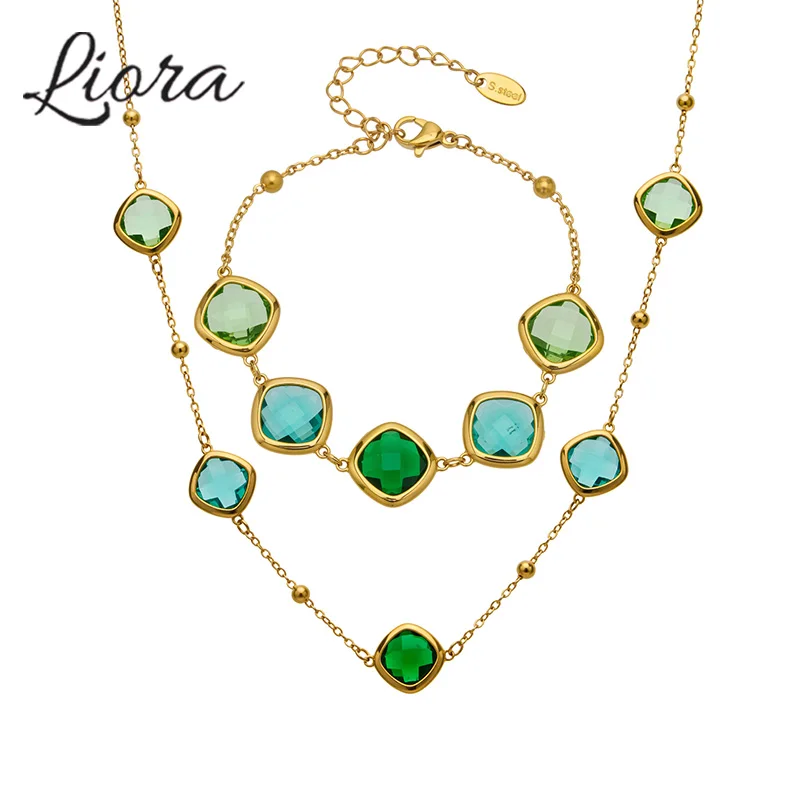 Liora Trendy Bunte Glas Kette Halsketten Armbänder Ohrringe für Frauen Edelstahl Mujer Hochzeit Engagement Schmuck Sets