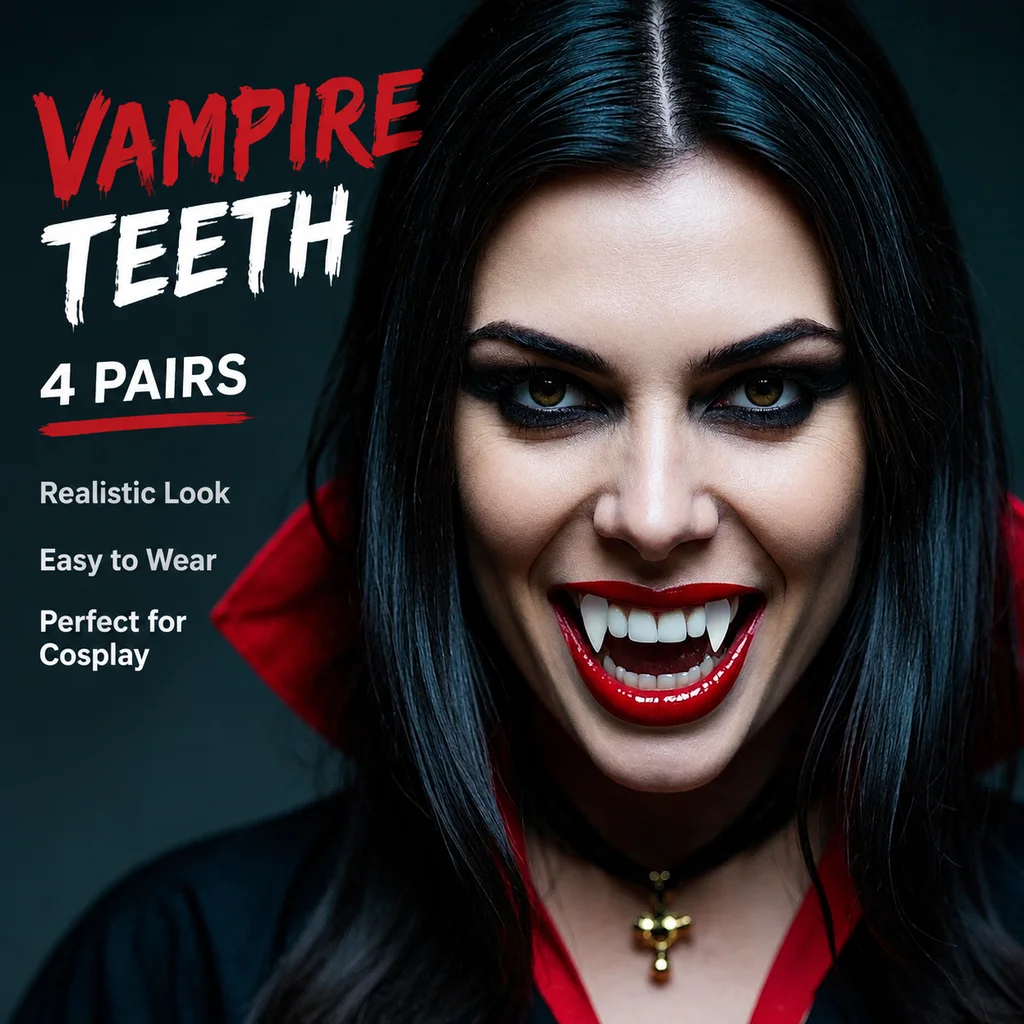 4 Paar Vampirzähne für Cosplay, Zahnersatz-Requisiten, Halloween-Kostüm-Requisiten, fester Kleber, Zahnersatz-Klebstoff, Halloween – Detail 2