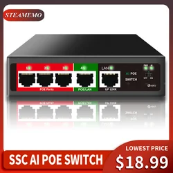 Rede Switch Ethernet STEAMEMO para Câmera IP, AP Sem Fio, Série SSC 100M, 4 Portas, 48V Active POE, Potência Integrada, 52W