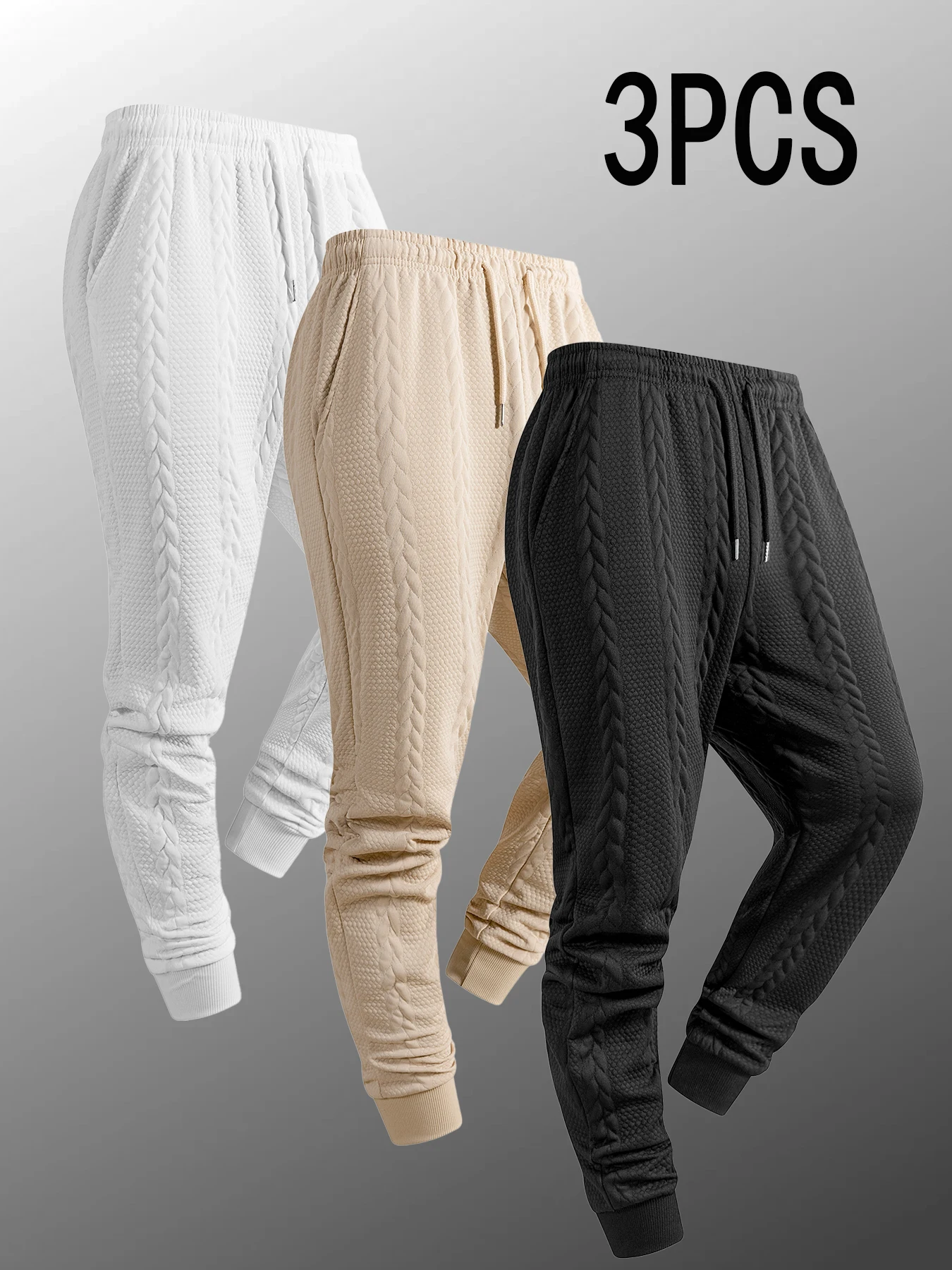 Men 3-Pack Vertical Braided Texture Jogger Trousers Rib Cuff Ankle Design Adjustable Drawstring Waist Durable Breathable Casual