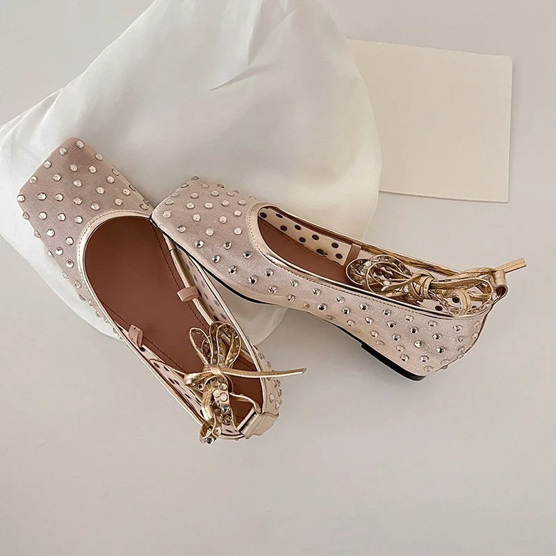 

2025 Spring New Mesh Women's Shoes Square Toe Flat Heels Increase Rhinestones Slip-On Strap Design Women Shallow Single Shoes