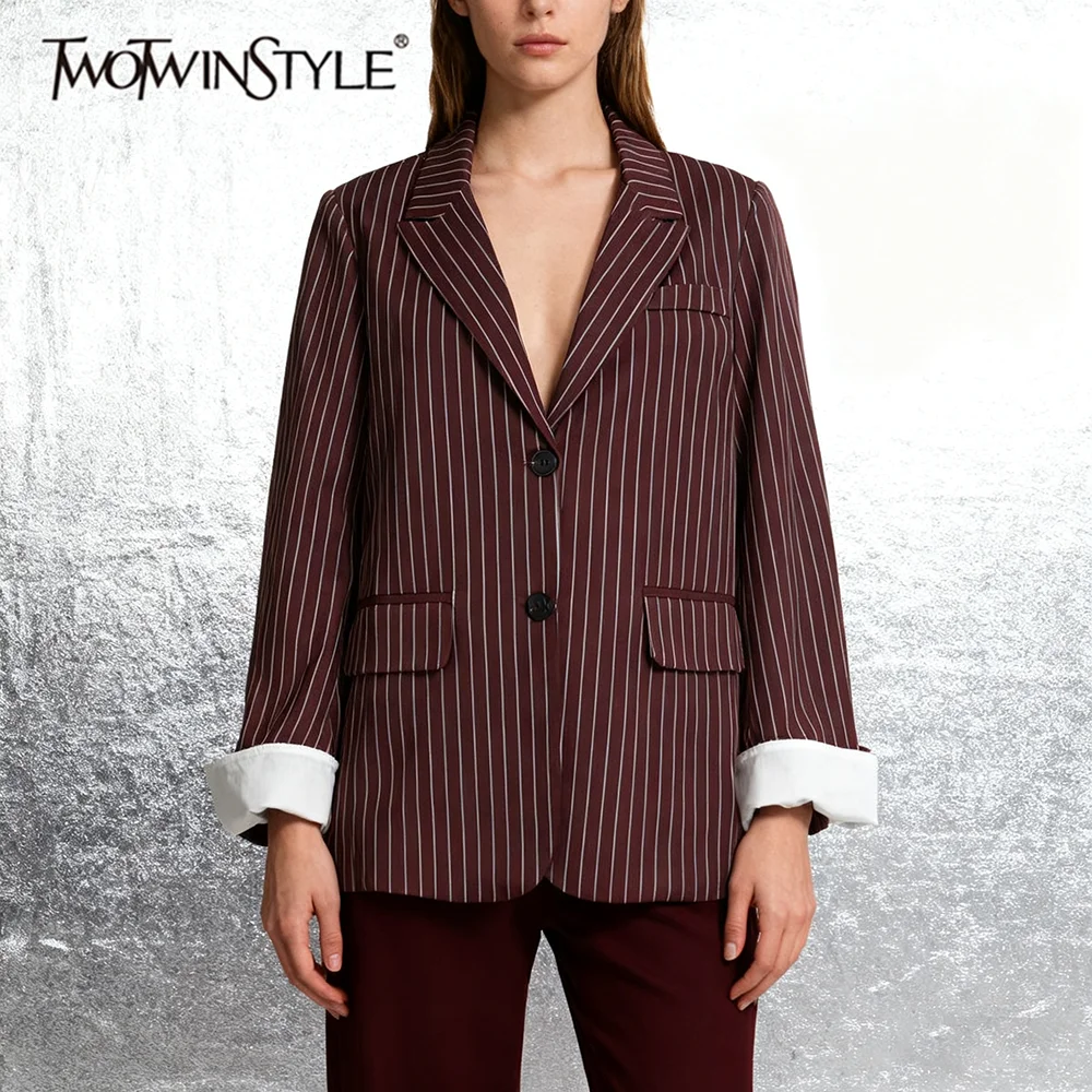 TWOTWINSTYLE Hit Color Loose Spliced Striped Casual Blazers for Women Lapel Long Sleeves Patchwork Buttons Fashion Blazer Female