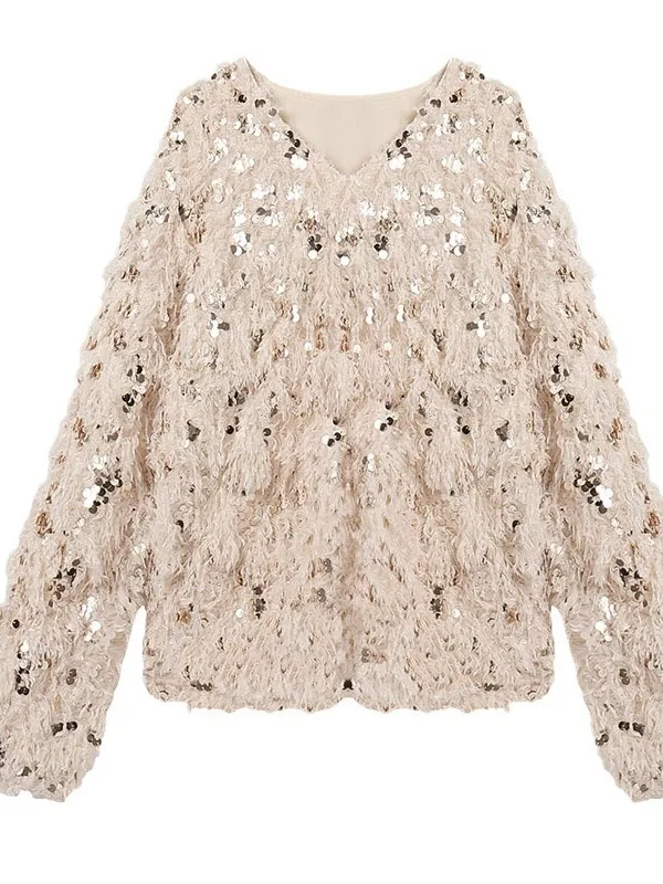 Luźny sweter damski, warstwa bazowa, top z cekinami, luźny krój, jesień-zima, gruby, wygodny, modny.