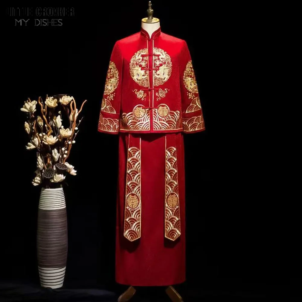 Robe de mariée traditionnelle chinoise pour hommes et femmes, Cheongsam, Phoenix, vêtements de mariée brodés, qipao doré