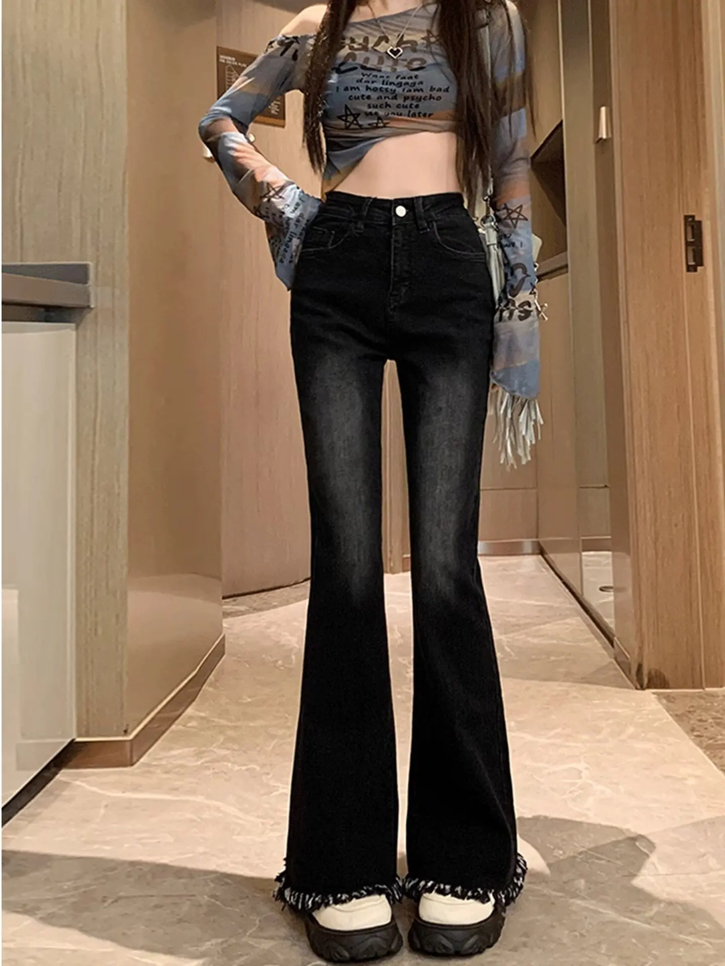 

Джинсы женские с высокой талией, расклешенные, весна-осень, из высокоэластичного хлопкового денима, с рваным краем, повседневные, удобные, дышащие