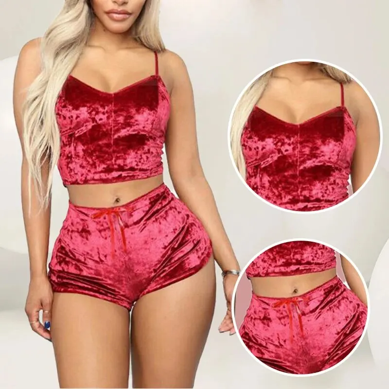 Women Sexy Strappy Pajama Set Women\'s Velvet Polyester Comfortable V-neck Underwear Home Clothes 2 Piece Sleeveless