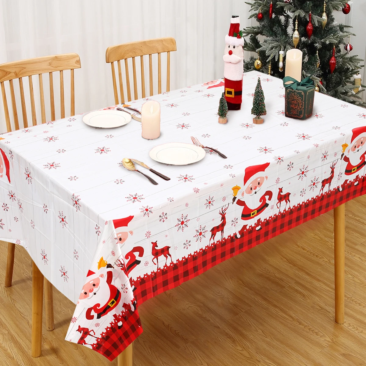 Merry Christmas Santa Claus Elk Rectangle Tablecloth Dining Room TableDecor Waterproof Holiday Party Decor Tablecloth for Home