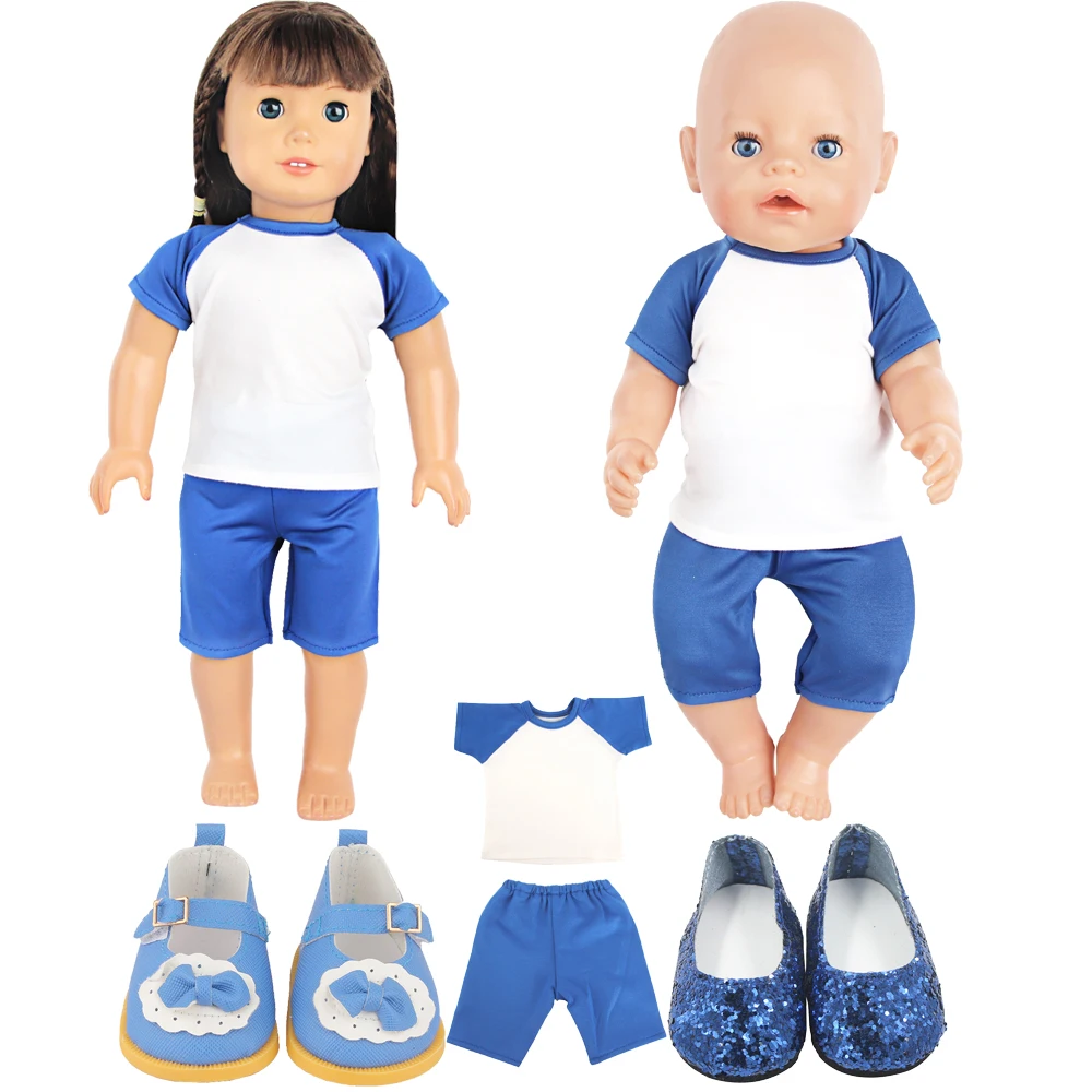 

43cm Baby New Born Doll Two-tone Blue+White T-shirt+Shorts Clothes+2 Shoes Suit Outfit For 18-inch American&OG,DIY Girl Doll Toy