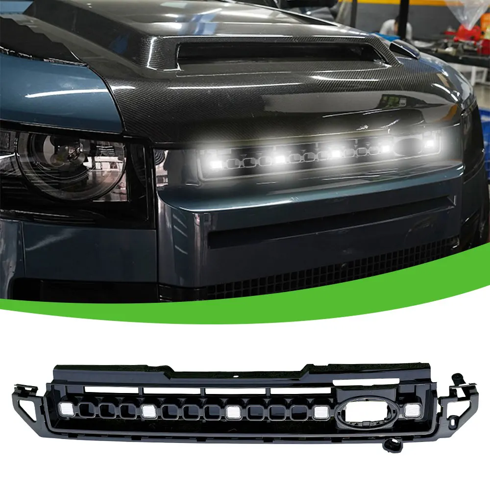 Подходит для LR Land Rover Defender 90 110 2020-2023 2024 2025, передняя решетка радиатора, сетчатая решетка со светодиодным дымовым светом