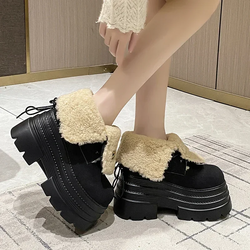 10CM Women Fur Snow Boots Suede High Heels Cotton Shoes Short Plush Casual Platform Ankle Boots Trend Winter Warm Botas De Mujer