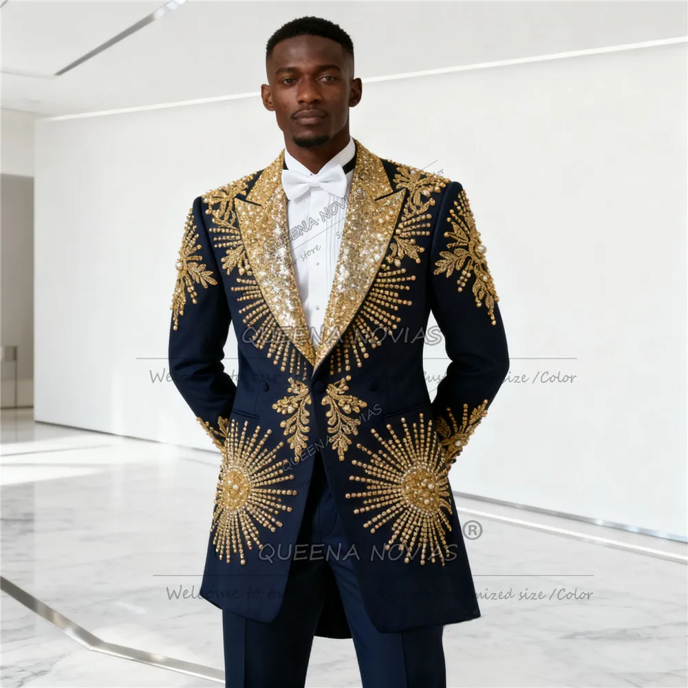 Brilliant Gold Pearls Beaded Men Suit Attire For Wedding Sequined Label Prom Blazers Customized 2 Piece Set Groom Tuxedos Outfit