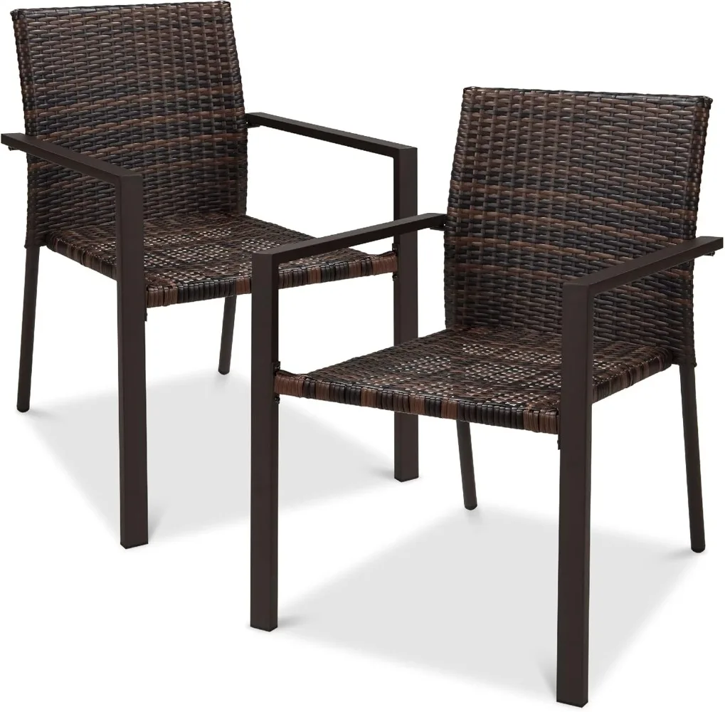 Set of 2 Stackable Outdoor Wicker Dining Chairs All-Weather Firepit Armchair w/Armrests, Steel Frame for Patio, Deck, Garden