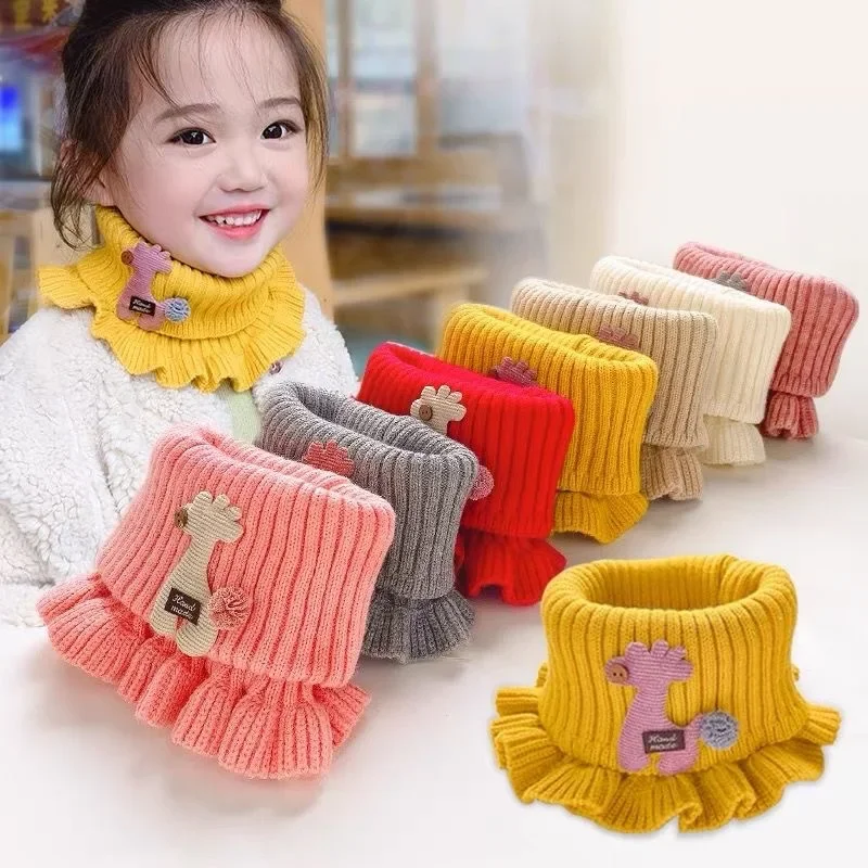 New Baby Knitted Scarf Cartoon Wool Giraffe Ruffle Neck Warmer Girls Kids Accessories Collar Circle Outdoor Winter Warm Scarves