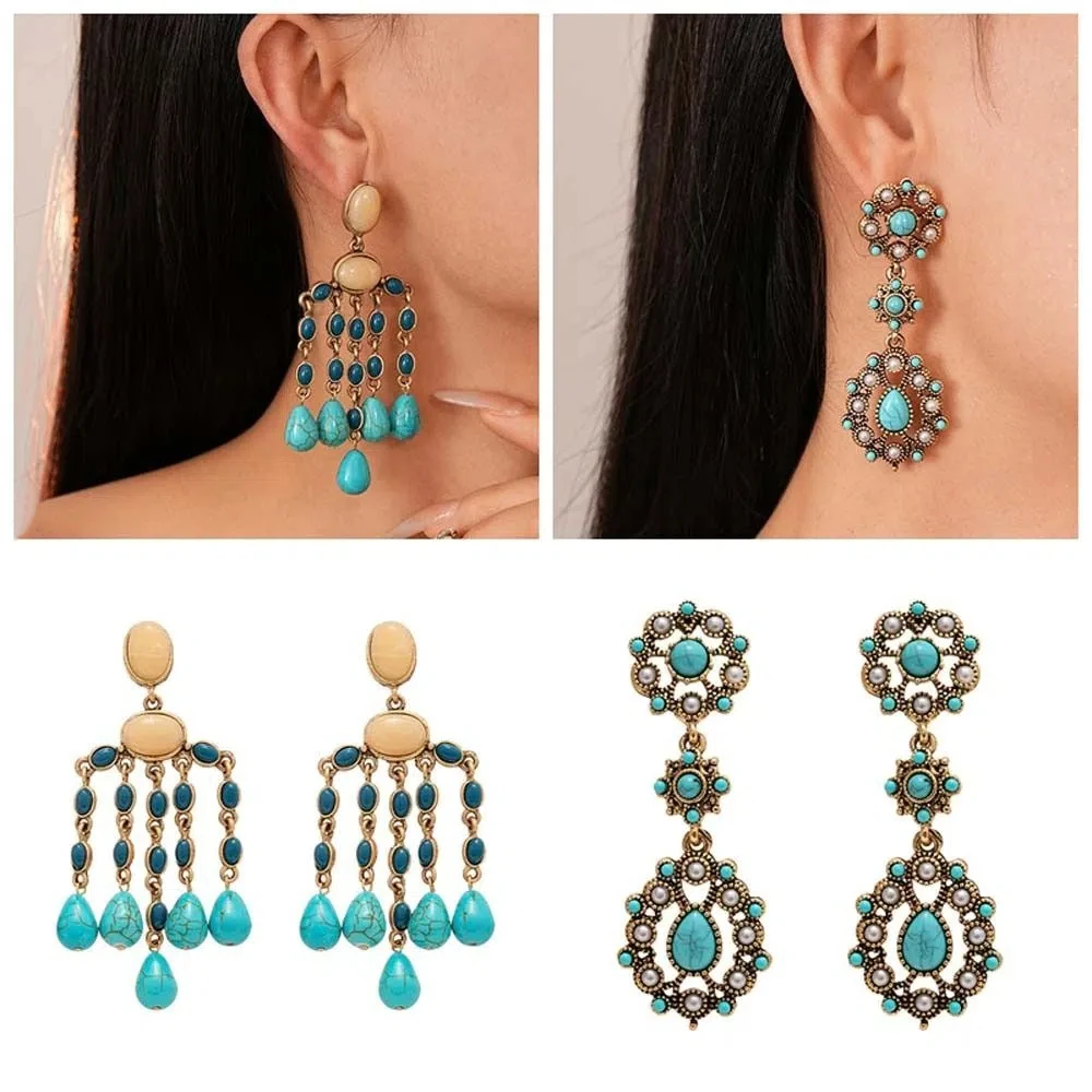 

Bohemia Style Bohemian Turquoise Earrings Turquoise Jewelry Accessories Ethnic Style Tassel Earrings Personality