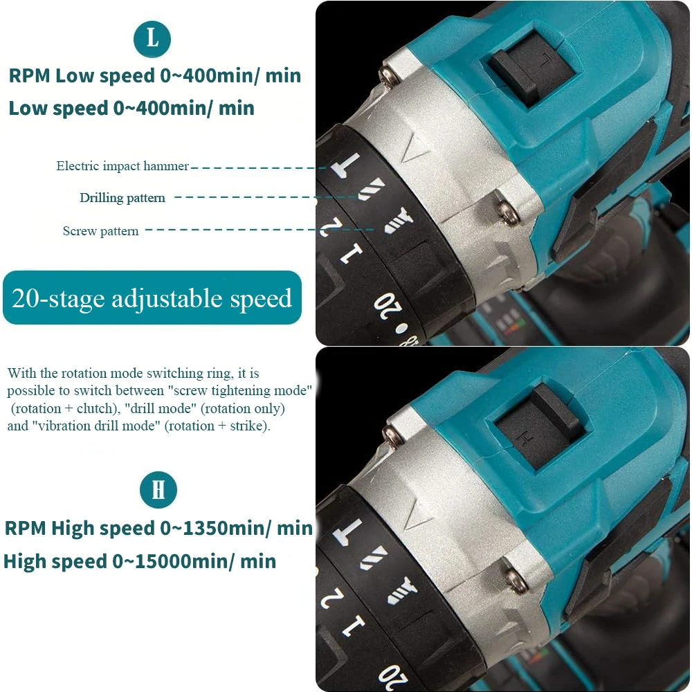 13MM Brushless Electric Impact Drill 18V Cordless Screwdriver Hammer Power Tools Compatible with Makita Battery