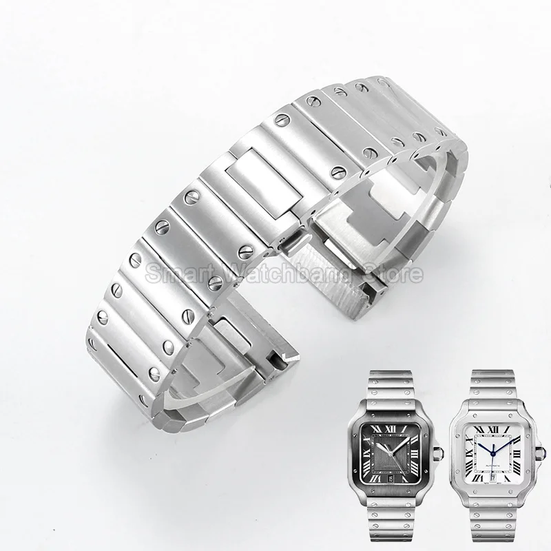 Smooth Secure Locking Buckle Watch Accessory for Cartier Santos WSSA0009/0061/0063/0065 Iconic Rivet Side Link Watch Bracelet