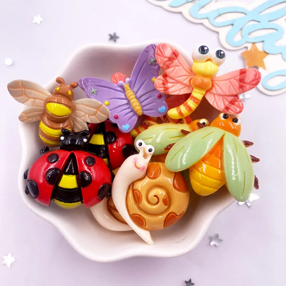6 pçs resina colorida dos desenhos animados grande borboleta besouro libélula abelha cigarra estatuetas plana volta scrapbook diy acessórios decoração artesanato