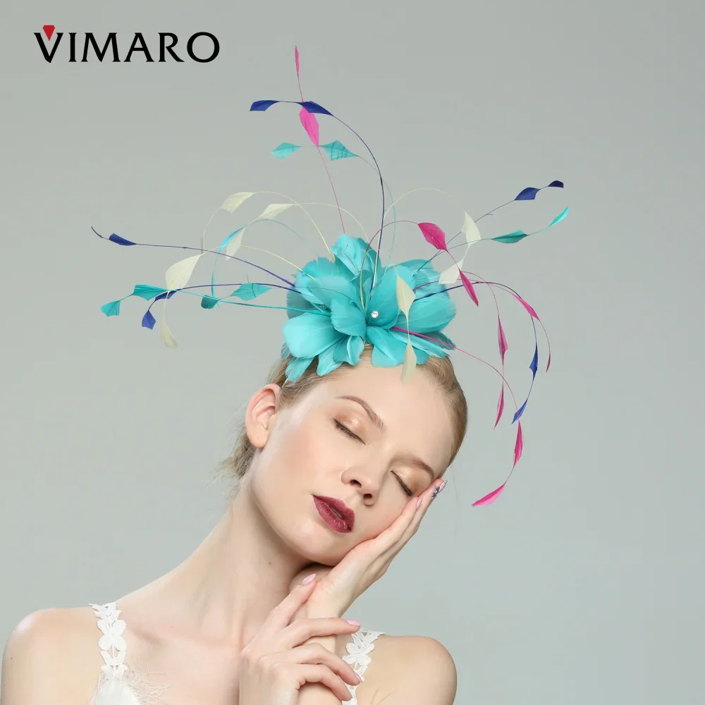 VIMARO Turquoise Feather Fascinators for Women Elegant Headbands Fascinator Hats for Women Wedding and Church Derby Hat Women