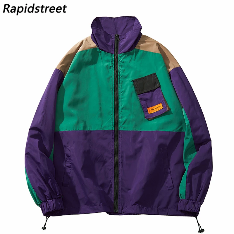 Hip Hop Streetwear Jacket WindBreaker Retro Color Block Patchwork Track Jacket Coat Men Harajuku Cotton Loose Jacket 2023