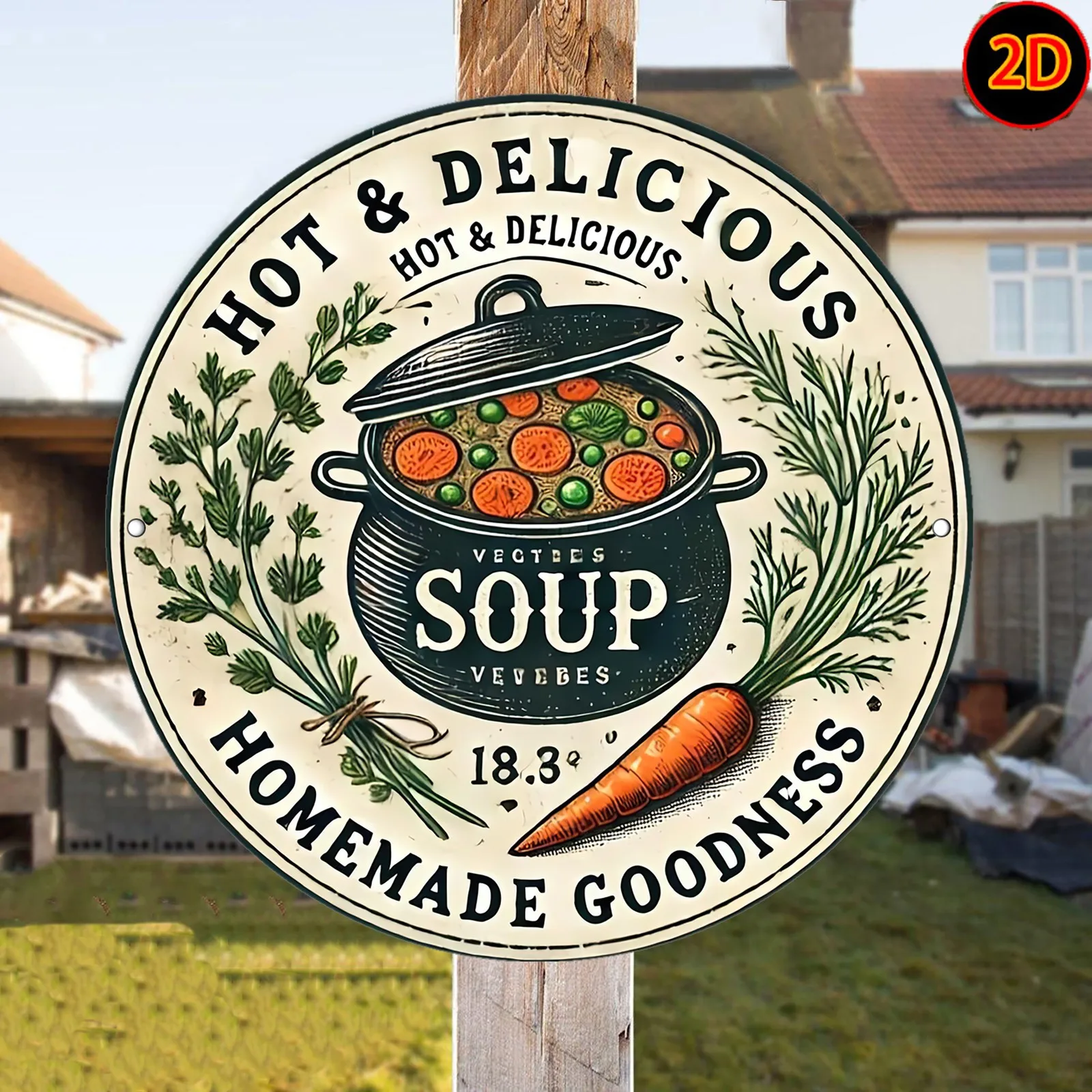 2D Flat, A 2D Flat Printed Round Metal Sign Plaque Aluminum Painting, Featuring a Vintage-style Delicious Vegetable Soup Pot wit