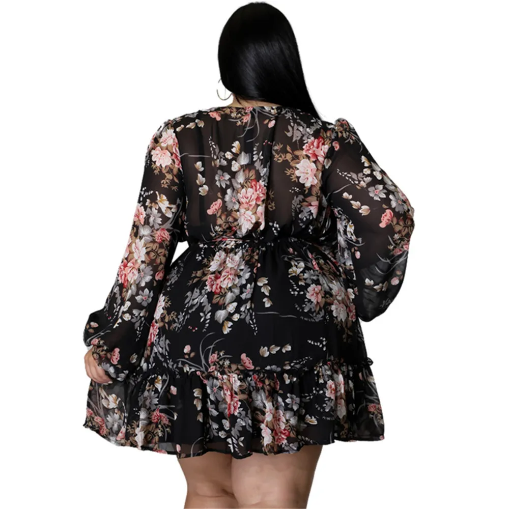 Wmstar Dresses Women Plus Size 5xl Sexy Party Flower Print Mini Dress Loose Elegant Casual Outfits 2022 Wholesale Dropshipping